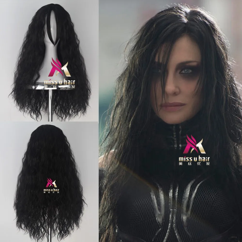 Hela косплей парик Тор Ragnarok черные длинные Кудрявые Волнистые Синтетические волосы для взрослых