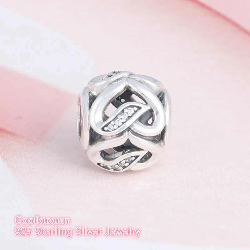 

Valentine's Day Ribbons of Love Beads 925 Sterling Silver Clear CZ Openwork Hearts Charm Bead Fits Pandora bracelets DIY