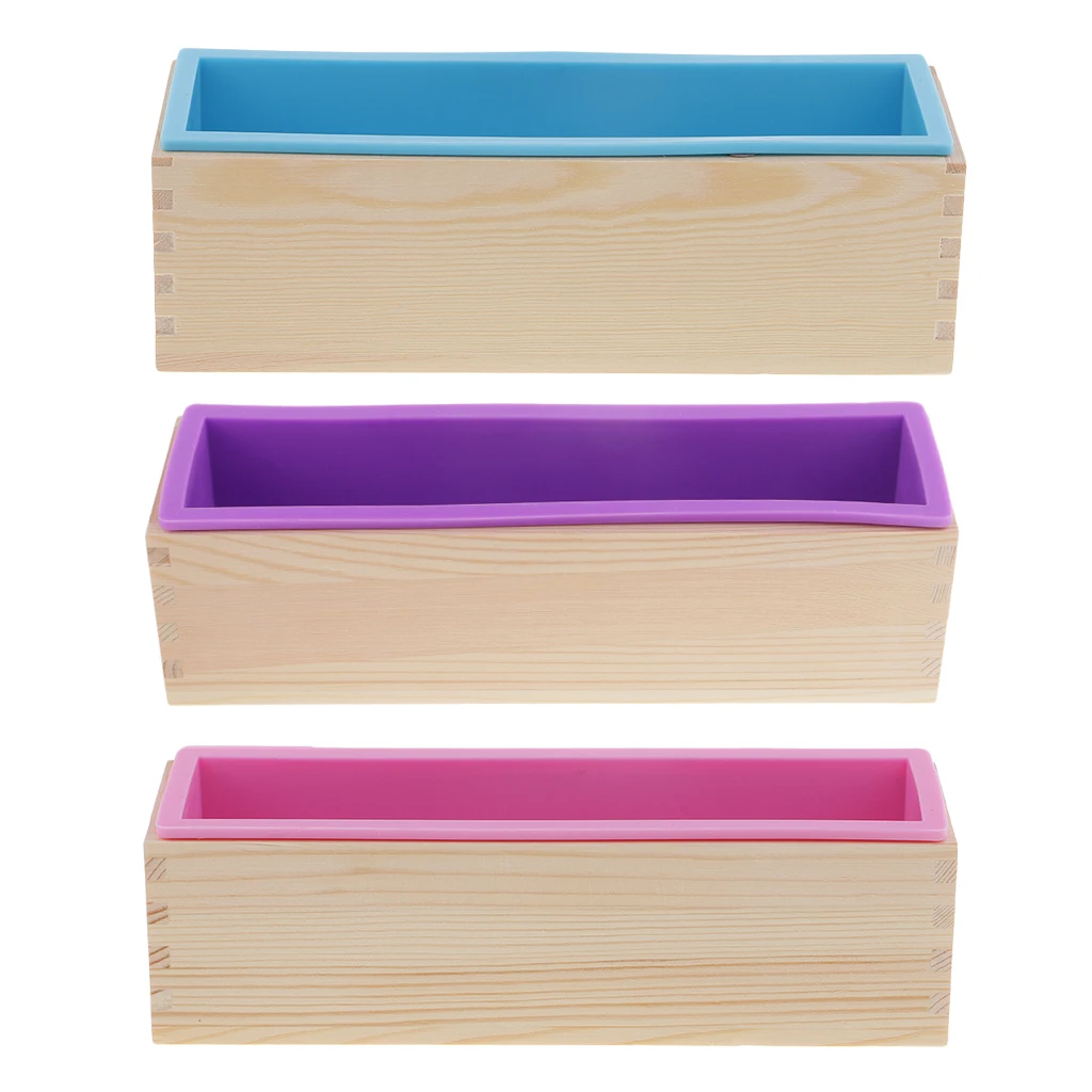 3pcs Rectangle Silicone Soap Mold Wooden Box DIY Tools Toast Loaf Baking Cake Molds - Pink/ Purple/ Blue