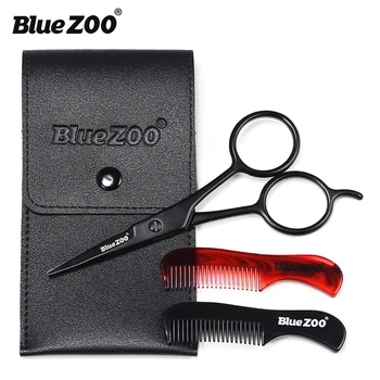 

Blue ZOO Beard Stainless Steel Thumb Scissors Clippers Leather Bag Brush Set Beauty Shaping Tools