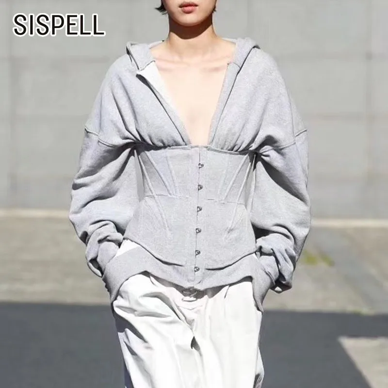 

SISPELL Summer Casual Hooded Sweatshirt For Women V Neck Long Sleeve Hem Slim Solid Clothing Female 2019 Fashion New Tide
