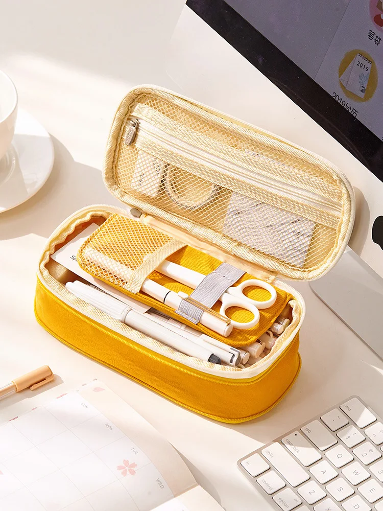 

Kawaii Pencil Case Macaron Color Canvas Stretch Double Layer Large Capacity Pencil Box Cute Pencilcase Kids School Stationery