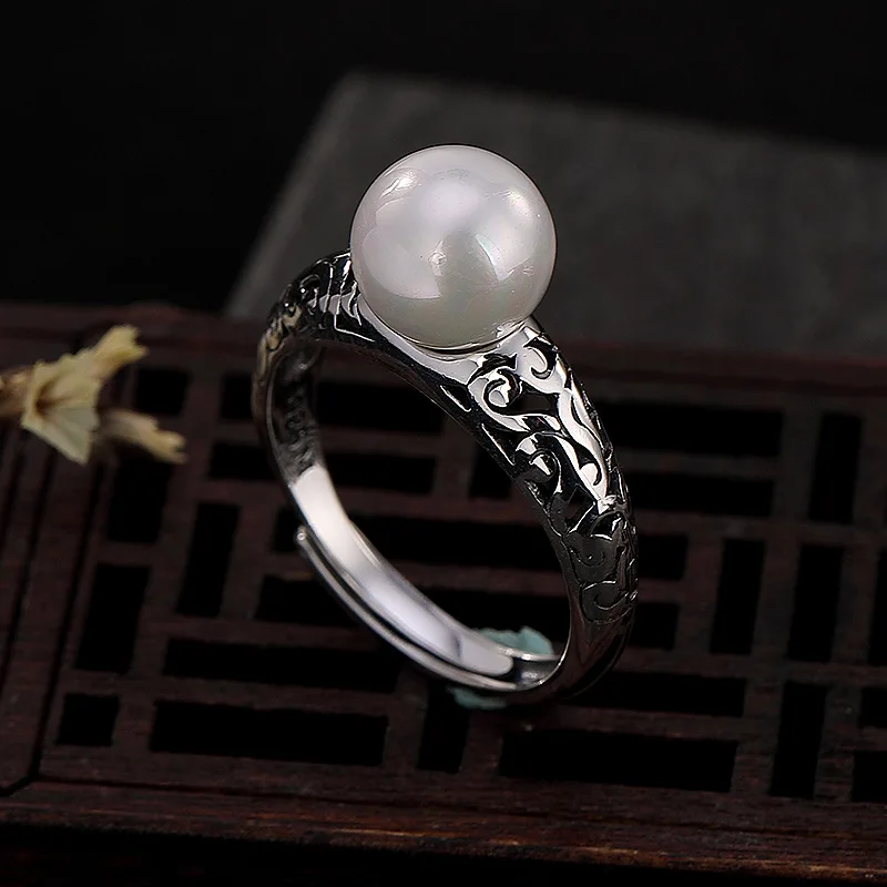 

100% Authentic Pure 925 Sterling Silver Hollow Carving Mosaic Pearl Rings For Women Retro Style Shell Beads Statement Rings