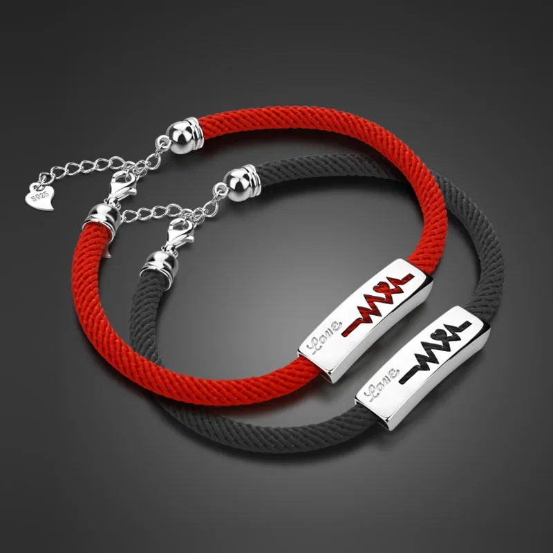 Китайский стиль пара ювелирных изделий красный/черный ремешок дизайн сплошной серебряный кулон сердцебиение браслет chic мужской/женский bijoux