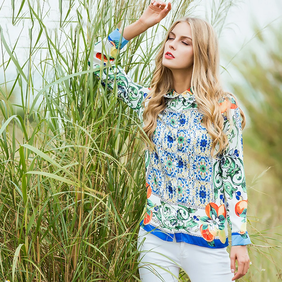 

Fashion Blouses 2018 Autumn Long Sleeve Slim Porcelain Print Novelty Print New Loose High Street Women Blouse