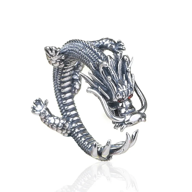 Creative trend domineering dragon opening ancient silver plated  for women or men wedding ring with Red eyes Vintage jewelry image_1