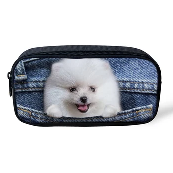 

Noisydesigns 3D Denim Pocket Printed Cometic Bag for Women Cute Animal Puppy Kitten School Student Pencil Bag Kids Storage Case