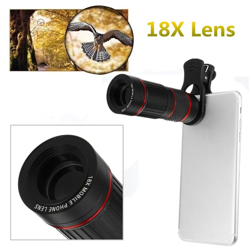 

18X Hunting Optics Zoomable HD Objective Lens Telephoto Telescope Monocular Clip-On For Mobile Phones for Outdoor Bird Watching