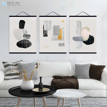 

Modern Abstract Black Gray Marble Shape Wooden Framed Hanger Poster Nordic Home Bar Deco Wall Art Picture Canvas Painting Scroll