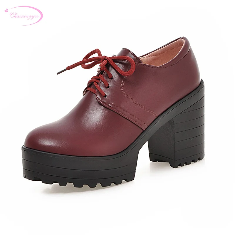 

Chainingyee leisure style comfortable round toe pumps fashion lace-up platform black beige red high-heeled women's shoes