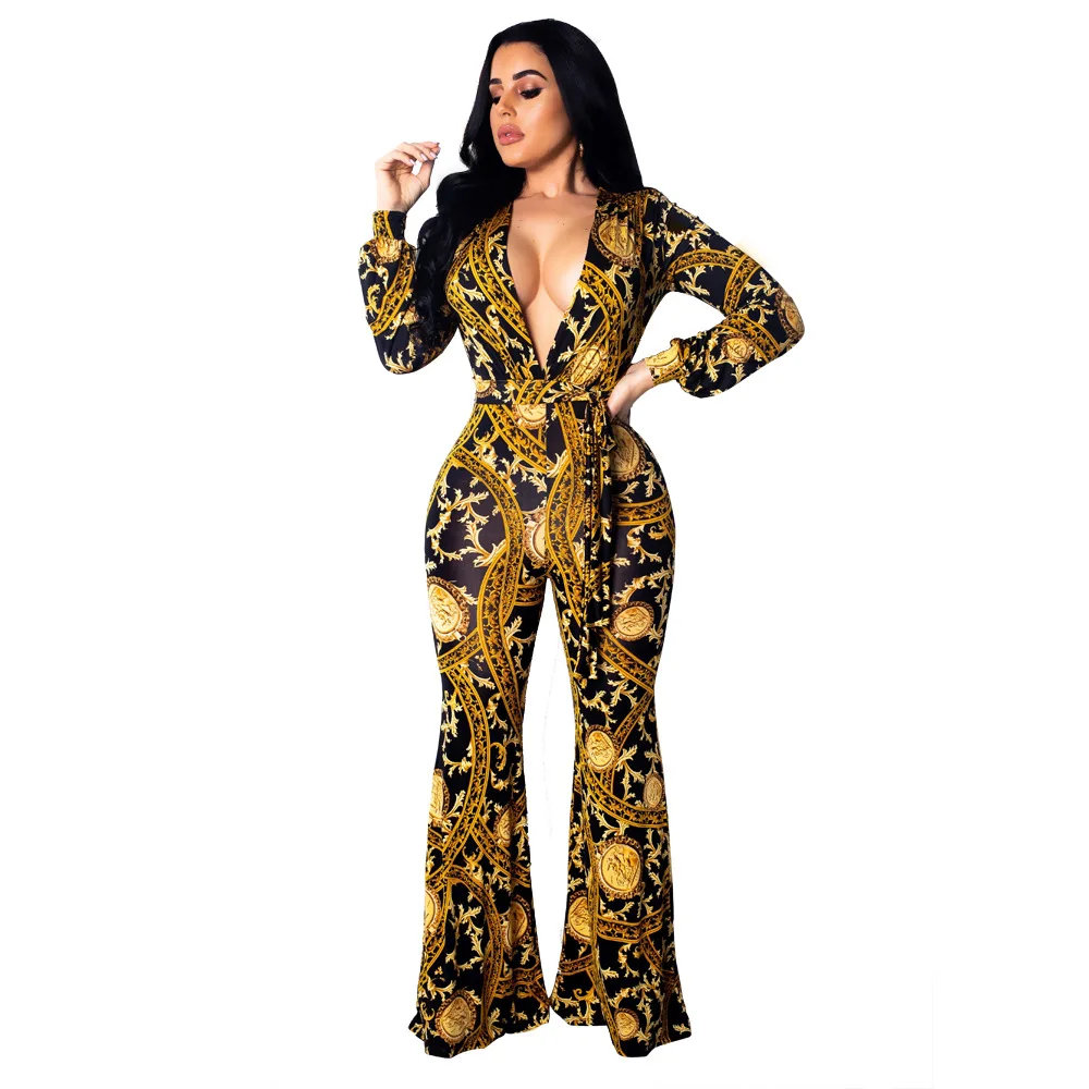 Buy Elegant Gold Print Jumpsuit Women Casual Long