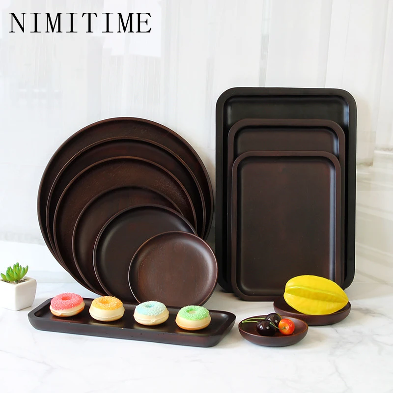 

NIMITIME Japanese Tray Wooden Wectangular Plate Solid Wood Home Breakfast Round Bread Fruit Cake Plate