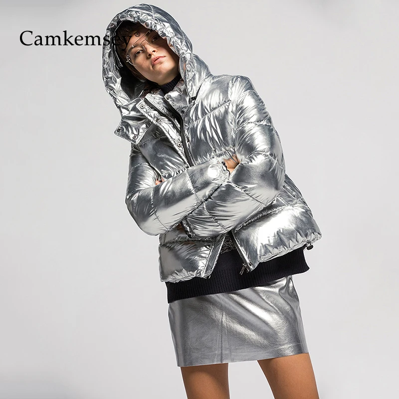 CamKemsey Warm Thicken Winter Coat Women Streetwear Metallic Silver Down Cotton Padded Hooded Winter Jacket Women Parkas