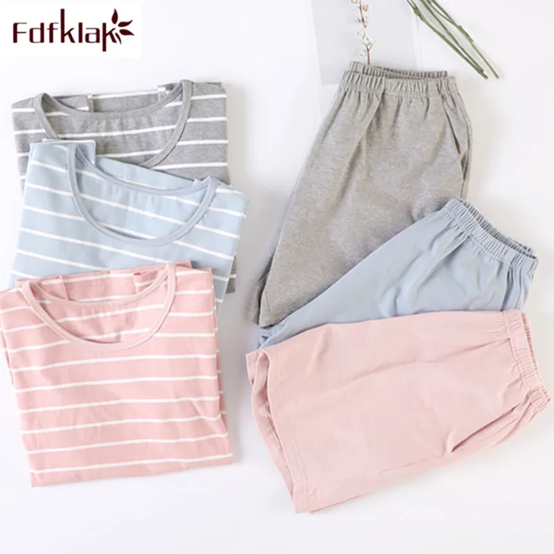 

Fdfklak Good quality cotton pajamas women short sleeve striped pijamas set summer girl's sleepwear pajama new pyjama femme