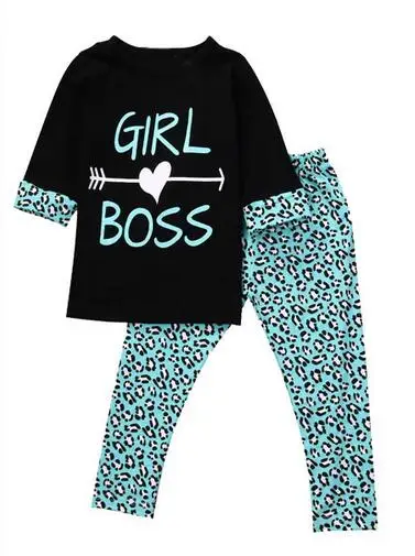 4 компл./лот Модная одежда для детей, детская мода девушка костюм Дети Осень Leopard Boss(рубашка+ Штаны) Комплект для девочки 1004 Sylvia 38824453384