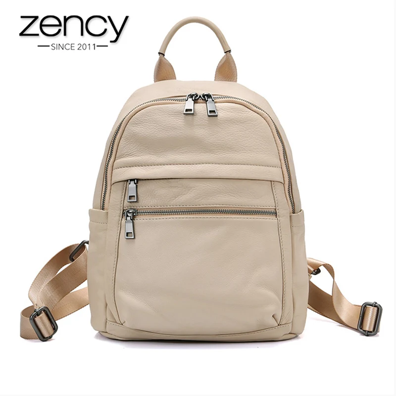 

Zency Simple Style Women Backpack 100% Genuine Leather Daily Casual Knapsack Girl's Schoolbag Vocation Travel Bag Beige Black