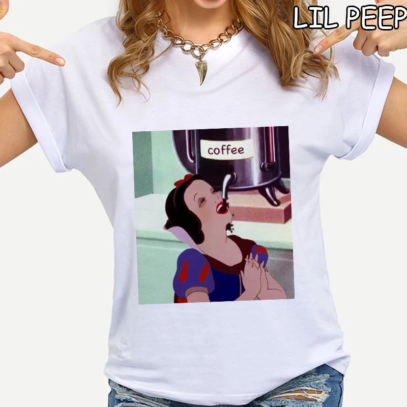 

90s Punk Snow White Drink Coffe T Shirt Women Harajuku Casual Tops Short Sleeves Aesthetic Cotton Streetwear Korean Style Women