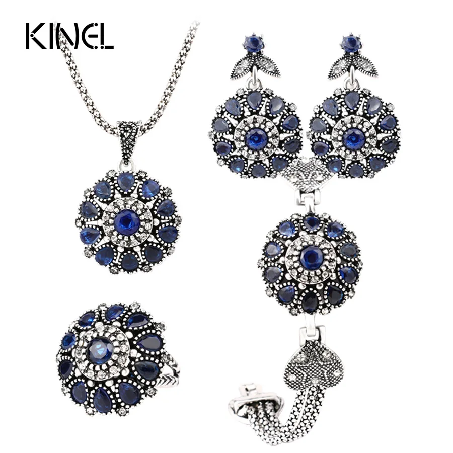Hot Luxury 4Pcs Vintage Jewelry Sets Silver Plating Round Flower Crystal Ring Earring Bracelet And Pendant