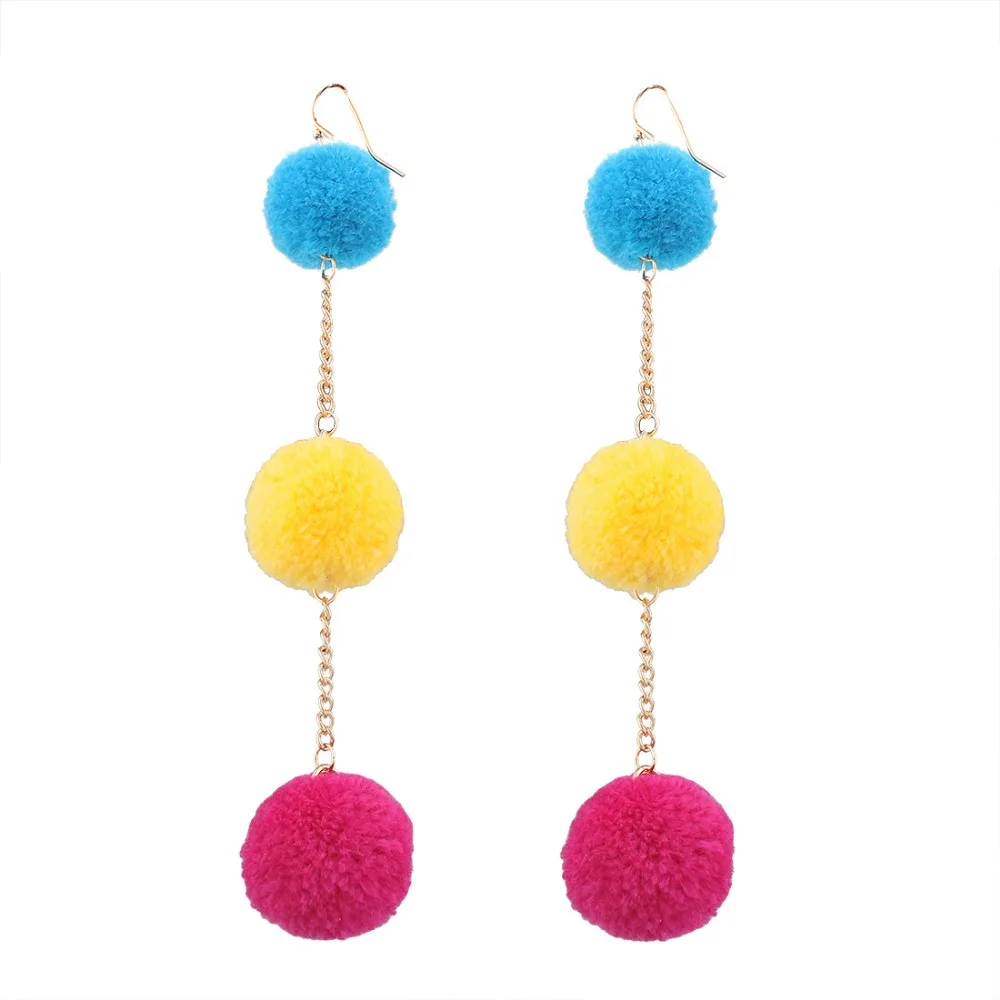 Stained Colorful Pom Pom Lace Three Pompon Ball Earrings Drop Dangle