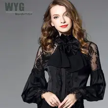 Famous Brand White Shirt Women 2018 Spring New Ruffle Stand Collar Bow Tie Lace Trim Casual Long Sleeve Chiffon Blouse WYG