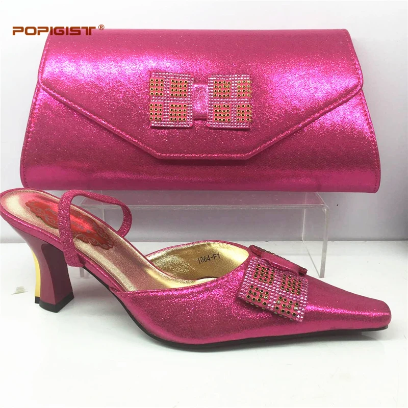 

Fuchsia Color Italian Shoes and Bags To Match Shoes with Bag Set Decorated with Rhinestone Nigerian Women Wedding Shoes and Bag
