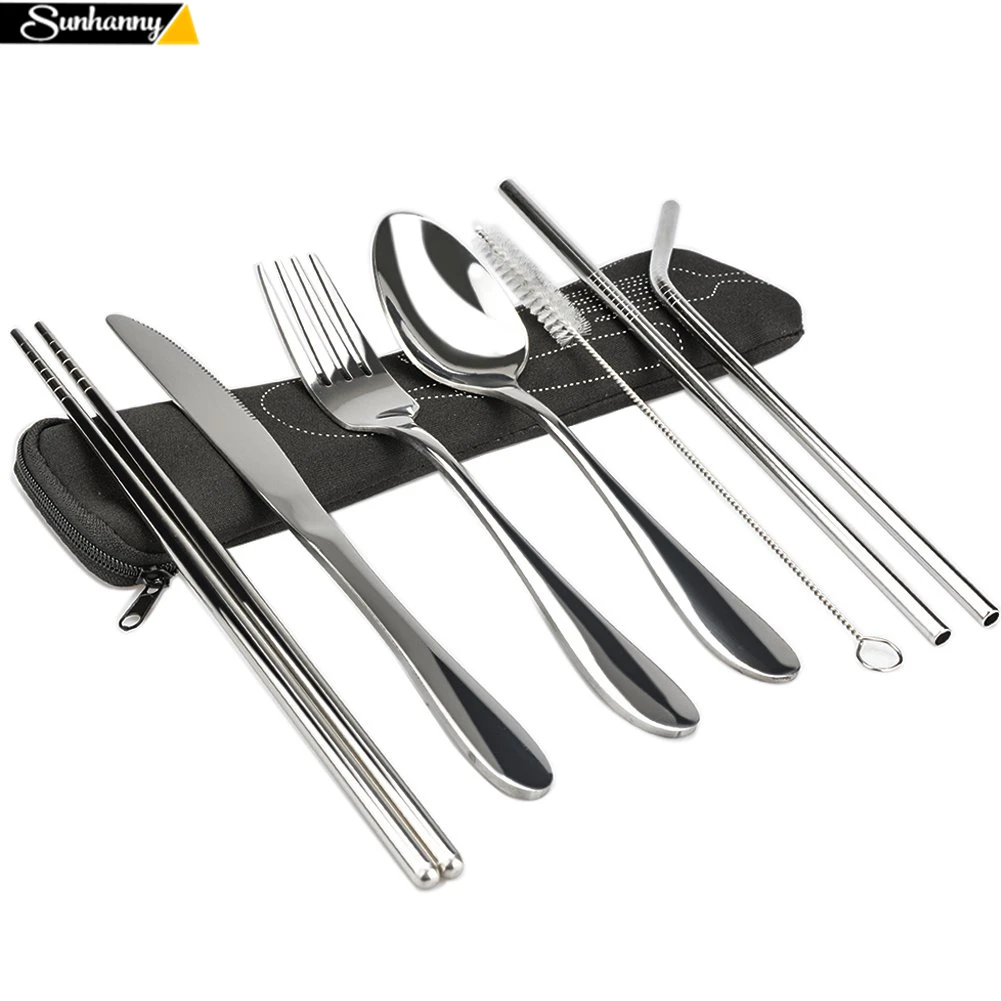

Dinnerware Set Travel Camping Cutlery Set Reusable Silverware Utensils with Spoon Fork Chopsticks Straw and Portable Case