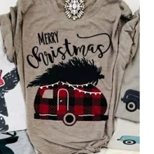 Клетчатая футболка с машинкой, женская футболка, рождественские топы, модная футболка, женские футболки, Корейская одежда с графикой, Счастливого Рождества