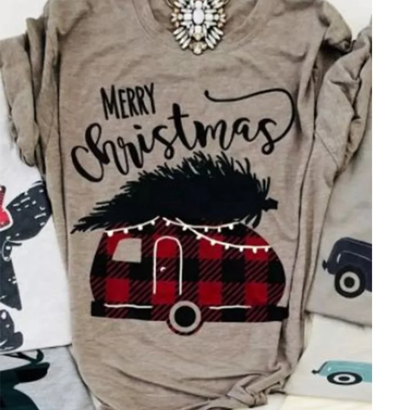 

Plaid Car Top Gobble Tee Female Tshirt Christmas Tops Fashion Tee Womens T-shirts Gobble Korean Clothes Graphic Merry Christmas