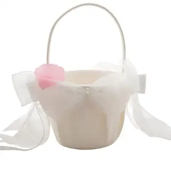

Romantic Cute Double Bow Candy Wedding Flower Basket Petal Shaped Satin Hand Flower Basket For Flower Girls Boys Brides