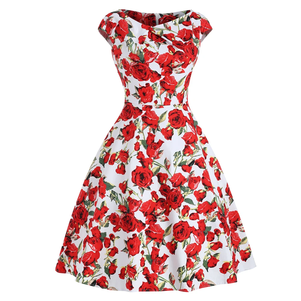 

Joineles Spring Summer Rose Floral Print Women Vintage Dress Audrey Hepburn Party Vestidos Cotton Rockabilly Swing Retro Dresses