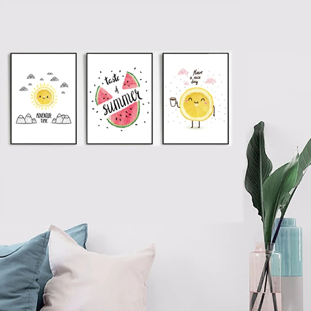 Lankshear Nordic small fresh Home Decor painting English Alphabet Cartoon Lemon Fruit Canvas paintings for baby room decor | Дом и сад