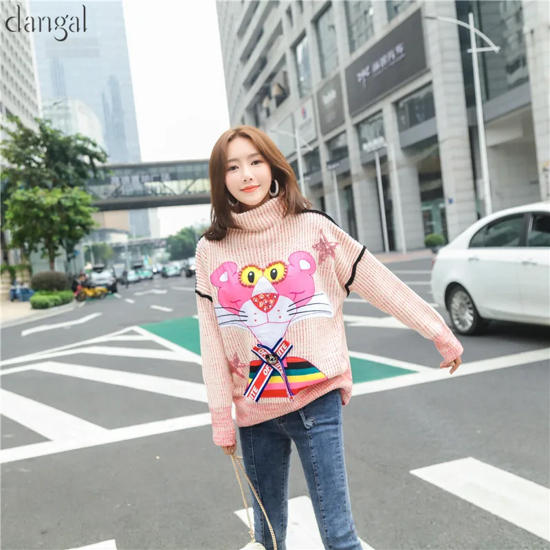 New Women Harajuku Kawaii Loose Turtleneck Long Striped Panther Sweater Female Casual Thick Jumper Retro Pullover For | Женская одежда
