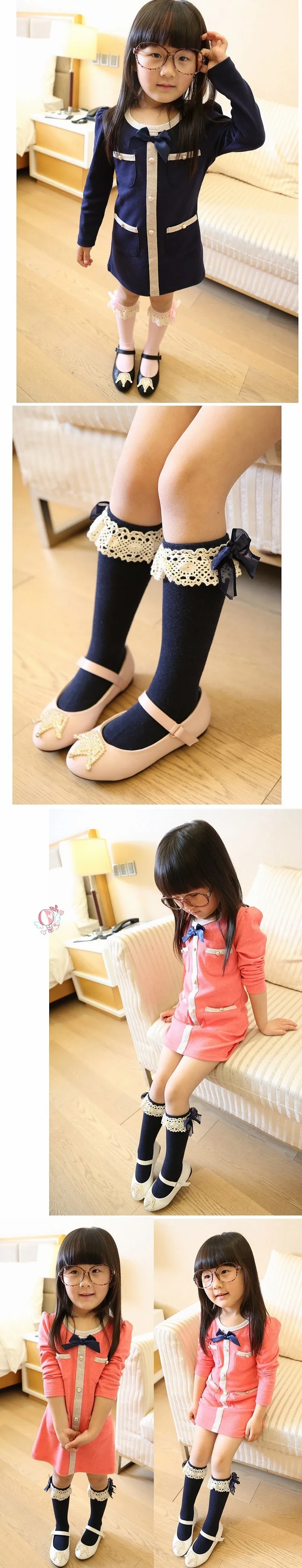 Модные детские кружевные гетры для девочек, Длинные вязаные высокие носки с цветочным рисунком, хлопковые носки
