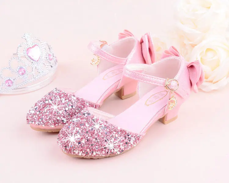 Girls sandals high heels spring and summer rhinestones bow princess Performance /wedding crystal single shoes shiny silver