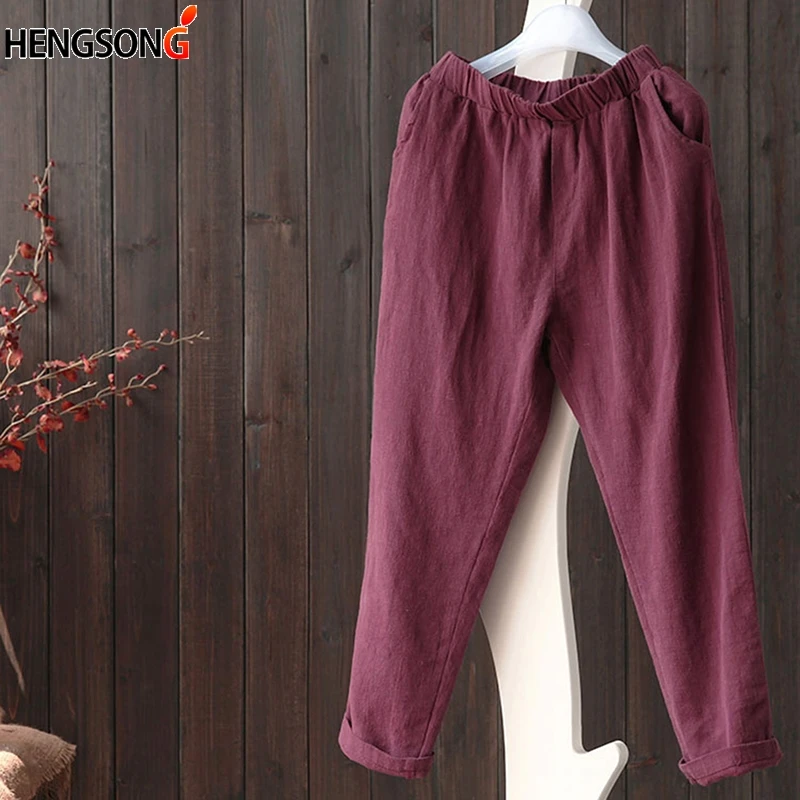 

M-5XL Women Original Design Vintage Pants Plus Size Cotton Linen Harem Trousers Elastic Waist Summer Casual Loose Pants