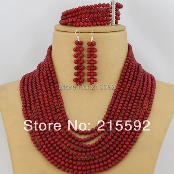 

Free shipping! 9 Rows Costume Coral Beads Jewelry Set Red Nigerian African Wedding Beads Jewelry Set Wholesale CJ351