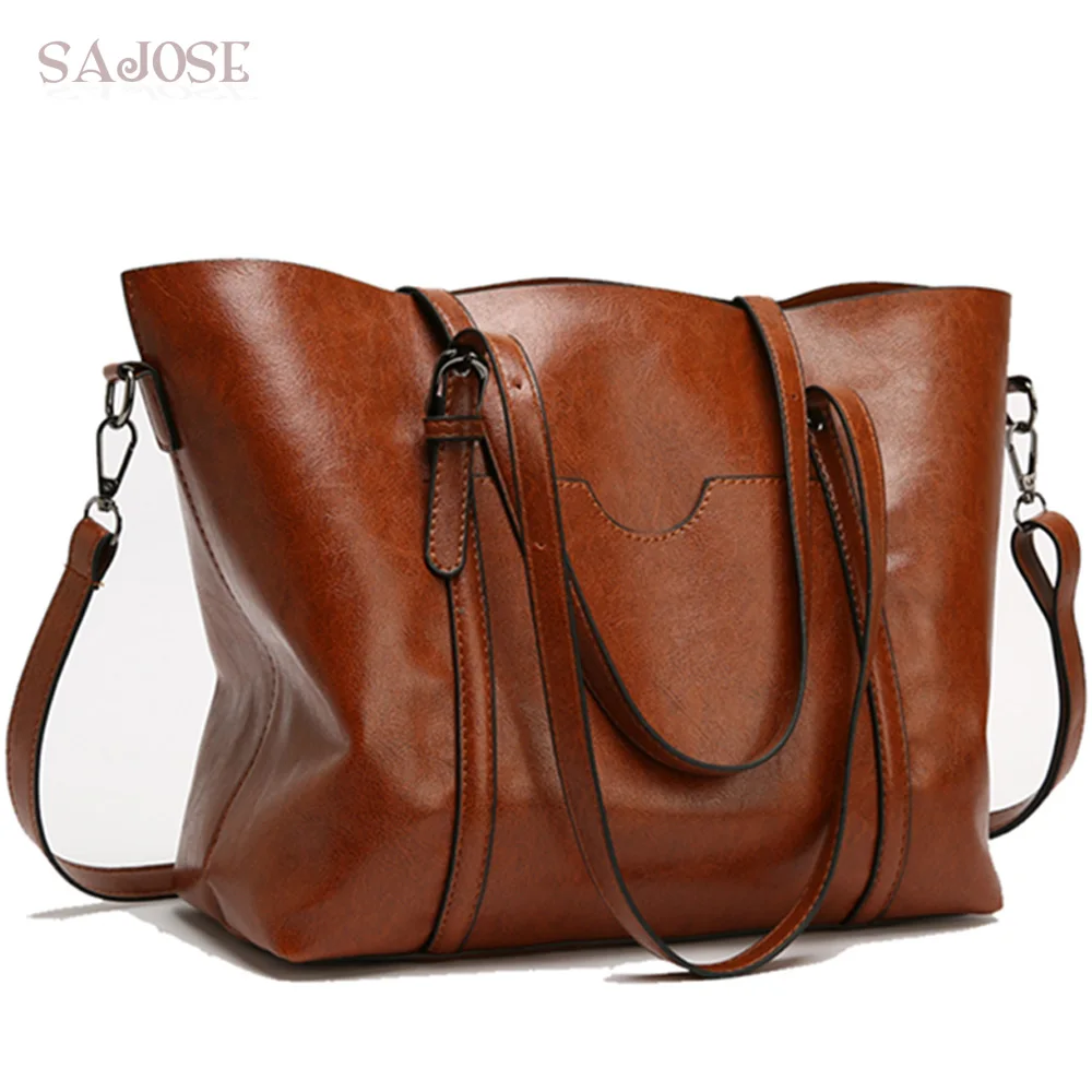 

Women Bag Oil Wax Women's Leather Handbags Luxury Lady Hand Bags With Purse Pocket Women Messenger Bags Big Casual Tote Sac Bols