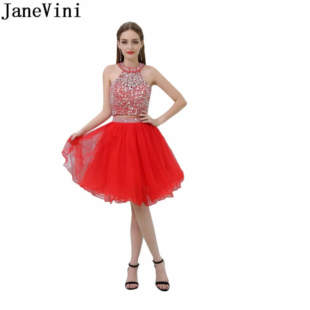 JaneVini Bling Выпускные платься с бисером красного цвета из двух частей с блестками Халат Коктейльная юбка из органзы короткое официальное