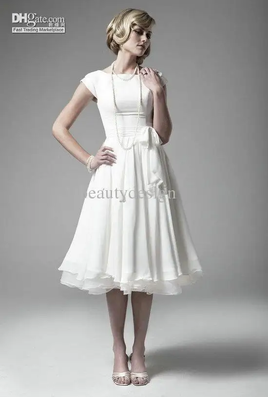 2014 Custom made white chiffon charming A line bridesmaid dresses bateau cap sleeves button back knee length evening party gowns