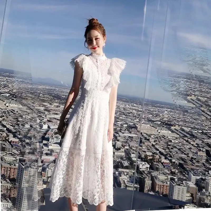 

2019 New High Quality First love skirt retro long lace ruffle Mesh princess Dresses Women Sleevesless Long lace beach Dresses
