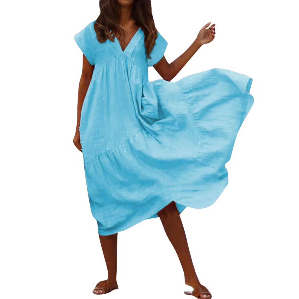

2019 Summer Women Dress Sexy Solid Sexy V-neck Loose Cotton Linen Casual Women Summer Beach Party Dress Plus Size A416