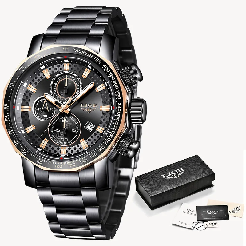 LIGE новые модные часы мужские роскошные бизнес Брендовые спортивные водонепроницаемые светящиеся часы кварцевые мужские часы Relogio Masculino - Цвет: Black rose gold