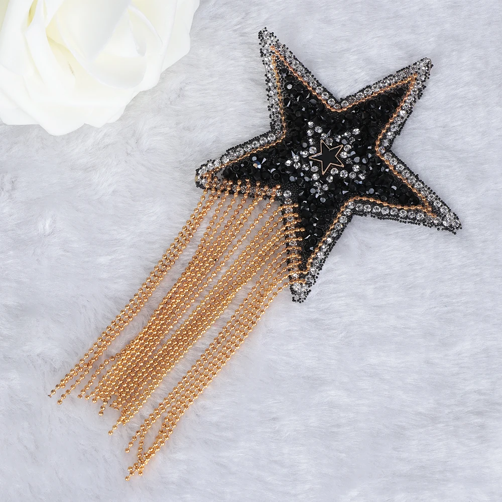 

Five-pointed Star Pattern Clothes Iron-on Patches Sparkling Rhinestone Sequined Tassel Patch Shoes/hats/bags Bling Appliques