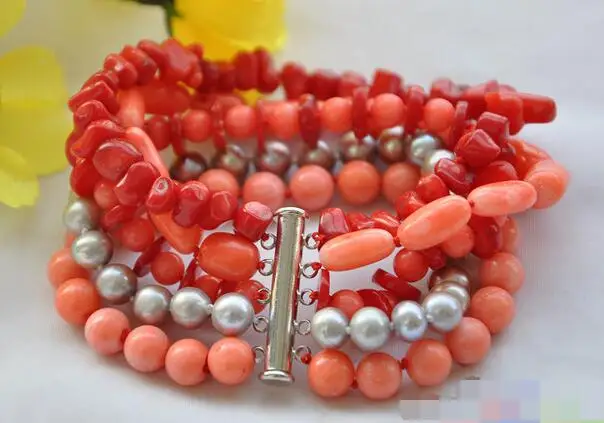

FREE SHIPPING>>>@@ 3743 5row ROUND baroque red pink coral gray pearl bracelet