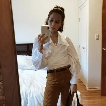 

2019 Fashion Woemn Lace Up Plaid Blouse V-Neck Bow Casual Shirts Lantern Sleeve Short Summer Tops