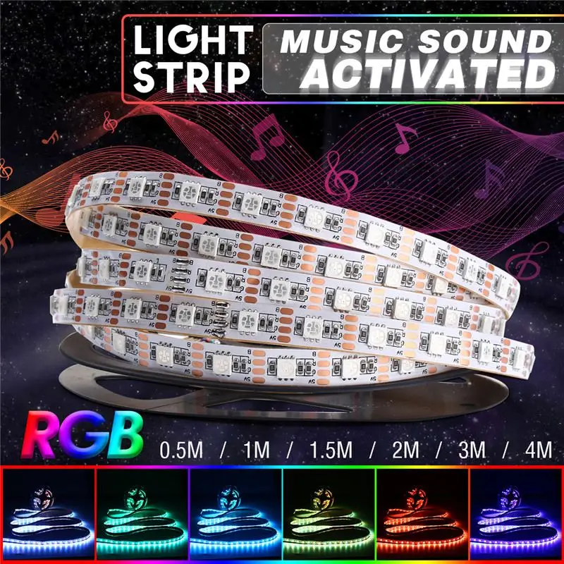 

0.5M/1M/1.5M/2M/3M/4M LED Strip Music Sound Activated Remote Control 5050 LED Strip Light RGB DC5V Non-waterproof