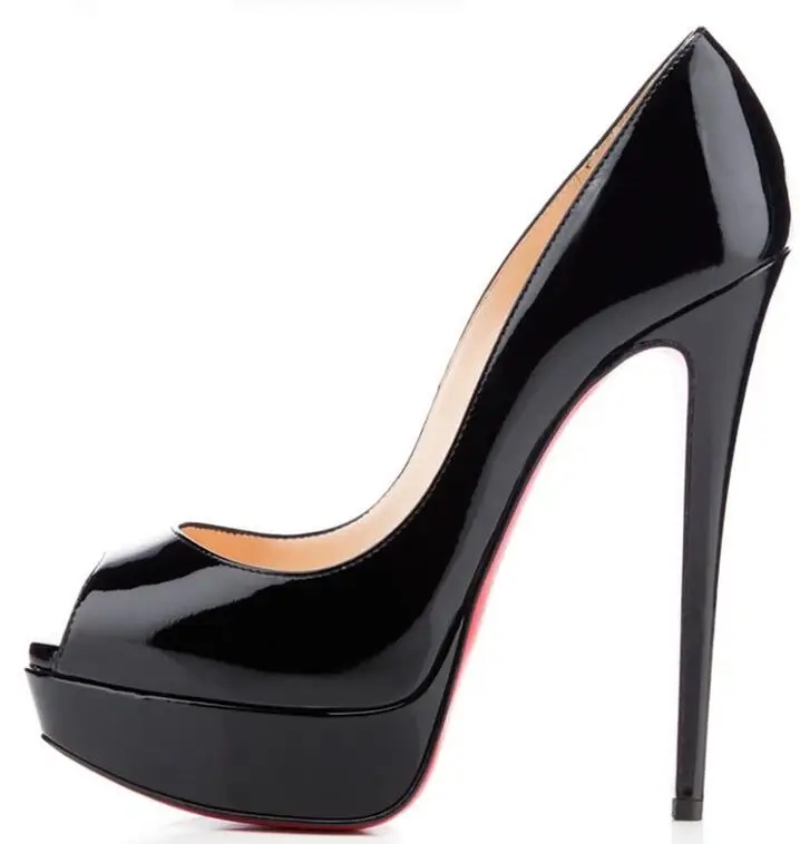 

2019 Brand Red Women Fishmouth 14CM High-heeled Shoes Ine Heels Sexy Open Toes Famous Platform Shallow Leahter Black Nude Shoe