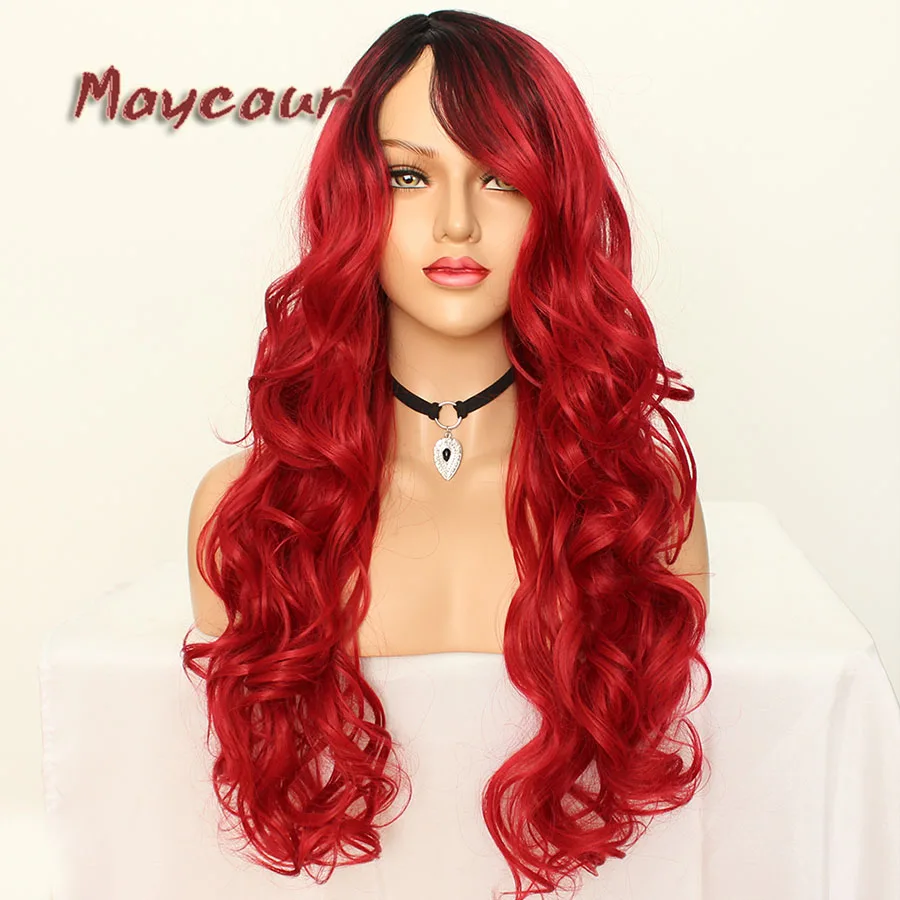 Maycaur Glueless Black Long Wavy Wig with Side Bangs Synthetic Hair Wigs for Women Heat Resistant Fiber Hair Wigs (12)