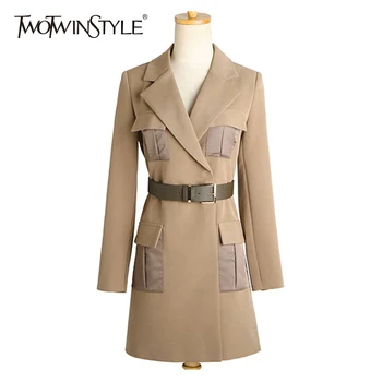 

GALCAUR Sashes Blazer For Women Patchwork High Waist Lapel Collar Pockets Long Coat Female 2020 Spring Fashion Clothing