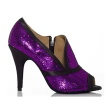 Фиолетовые туфли на каблуке 4,5-8,5 см; Женская Профессиональная танцевальная обувь для латиноамериканских танцев; искусственная кожа с блестящим материалом; JYG856